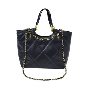Black quilted leather tote bag with gold chain straps and classic diamond pattern