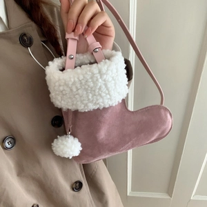 Women Christmas Sock Shape Crossbody Bag Suede Faux Lamb Wool Pom Pom Trim Novelty Winter Phone Shoulder Bag