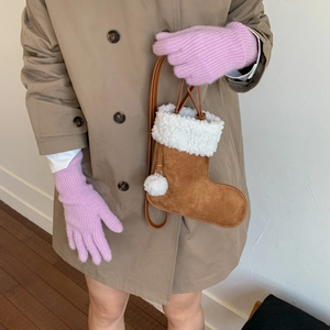 Brown faux suede Christmas stocking crossbody bag with fluffy white fleece trim and pompom