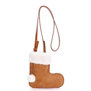 Creative brown suede and white fleece Christmas stocking crossbody bag with adjustable strap