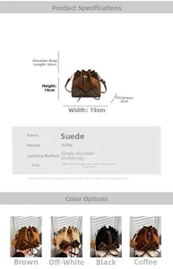 Size chart showing dimensions for the suede bucket bag with color options and straps