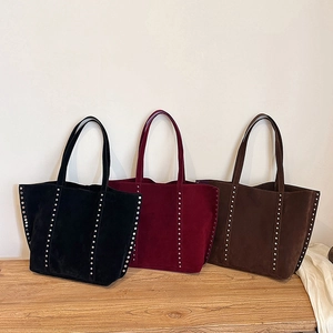 Retro faux suede tote bags with silver rivets in black, burgundy and coffee colors