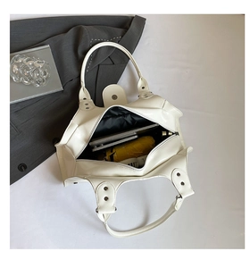 Top view of white glossy tote bag showing large capacity for tablet and umbrella