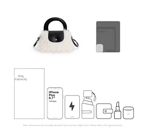 Internal capacity of mini plush handbag showing storage for phone, umbrella, and essentials