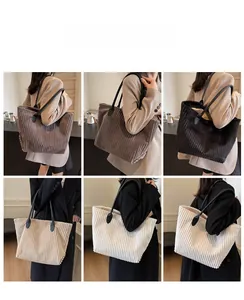 Three corduroy tote bags in coffee black and beige shown as models carry them on shoulders