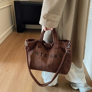 Large capacity dark brown corduroy tote bag with embroidered letters and shoulder strap