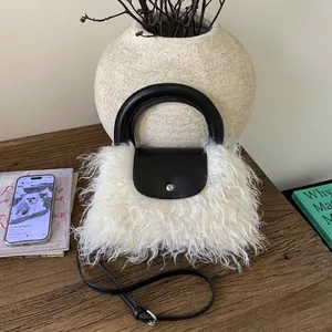 Women Faux Fur Handbag Plush Shoulder Crossbody Bag Mini Tote With Leather Handle And Strap Retro Style
