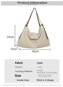 Size guide for large nylon tote bag showing dimensions and crossbody strap length