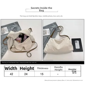 Detailed size chart for the cream nylon tote bag showing 42cm width and interior capacity