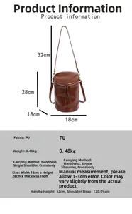 Cuadro de dimensiones del bolso cubo de PU marrón con medidas de tamaño y correa