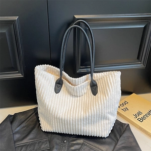 Women Corduroy Tote Bag Large Capacity Retro Shoulder Purse Commuting Casual Travel Shopping Faux Leather Straps Zipper