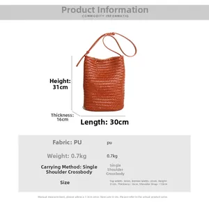 Size chart showing dimensions for the woven orange brown bucket bag with a 110cm strap