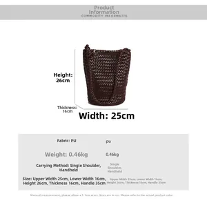 Detailed technical diagram of brown woven bucket bag showing dimensions and specifications
