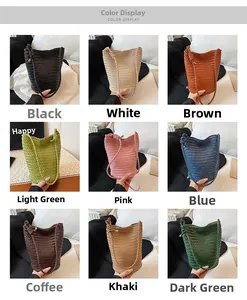 Grid view of woven bucket bags showing nine available colors for various outfit styles
