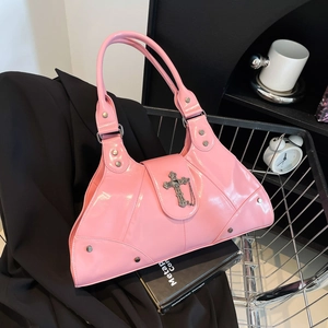 Punk Gothic Cross Tote Bag For Women PU Leather Large Capacity Shoulder Bag With Studs Y2K Streetwear Fashion Handbag