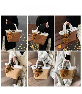 Detailed views of faux suede and fleece tote bag with bear charm in autumn scenery