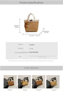 Infographic showing dimensions and colors of the faux shearling trim suede tote bag