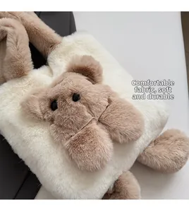 Close-up of fluffy bear tote bag showing soft plush fabric and durable texture detail