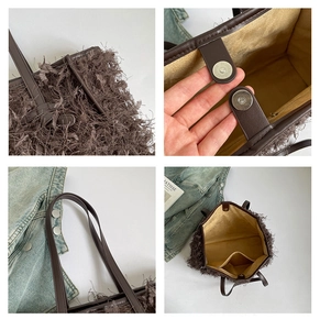 Détails du sac fourre-tout en peluche avec texture frangée, poignée en cuir et fermoir