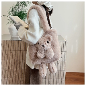 Detail of plush bear tote bag showing soft faux fur texture and 3D stuffed animal design