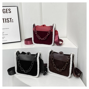 Three-color plush velvet shoulder bags with lamb wool trim and chunky resin chain detail