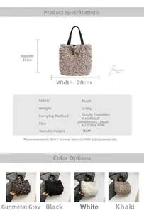 Detailed size chart and color options for the fluffy rose texture plush tote bag