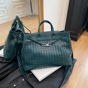 Woven Tote Bag PU Leather Large Capacity Handheld Crossbody Shoulder Bag With Metal Knot Decor For Women Commuter Elegant
