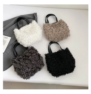 Multiple views showing fuzzy plush tote bags in white, khaki, grey and black colors