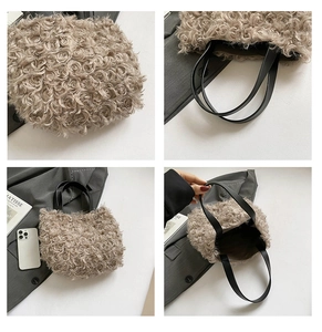 Detail view of khaki lambskin fleece tote with black leather handles and phone comparison