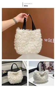 Detailed views of a white fluffy sherpa tote bag with black leather handles for winter