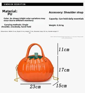 Πίνακας μεγεθών για τσάντα κολοκύθα 23x15x17cm και λεπτομέρειες από πορτοκαλί δέρμα PU