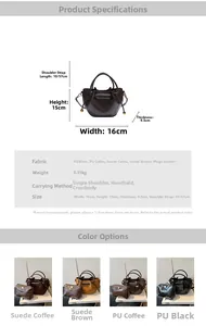 Detailed spec chart for mini drawstring bucket bag showing PU and suede materials