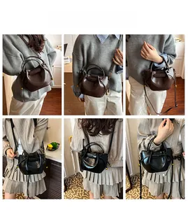 Detailed views of leather bucket bag in black and brown finishes worn by a model
