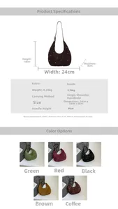 Detailed dimension chart and multi-color suede crossbody bags with metal rivets