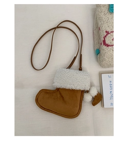 Brown suede Christmas stocking crossbody bag with plush white trim and fur pom-poms