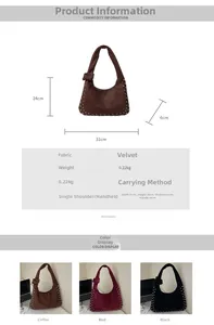 Detail view of suede hobo bag with metal rivets and size dimensions in centimeters