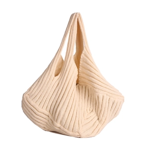 Minimalist beige knitted tote bag with pleated vertical texture for daily casual wear