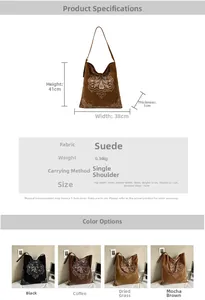 Detailed size chart and multi-color options for bohemian embroidered suede tote bag
