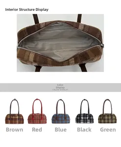 Detailed interior zipper pocket view and five color options for plaid plush handbags