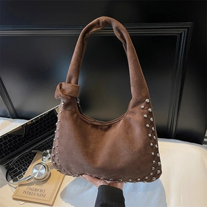 Women Vintage Faux Suede Hobo Bag Metal Rivets Knotted Shoulder Strap Underarm Single Handbag Casual Bohemian