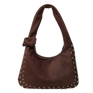 Retro coffee brown suede hobo bag with silver metal studs and stylish knotted handle
