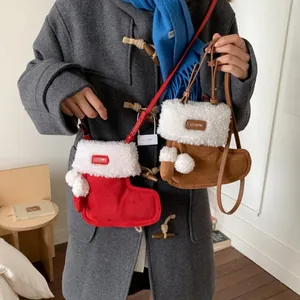 Christmas Stocking Crossbody Bag Faux Suede Plush Fur Trim Boot Shape Shoulder Bag Novelty Cute Niche Design For Women