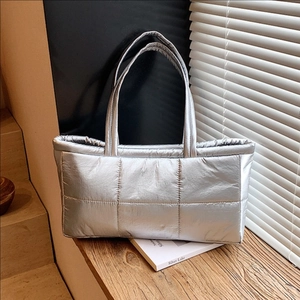 Quilted Puffer Tote Bag Metallic Glossy Large Capacity Shoulder Handbag For Women Lightweight Padded Commuter Bag