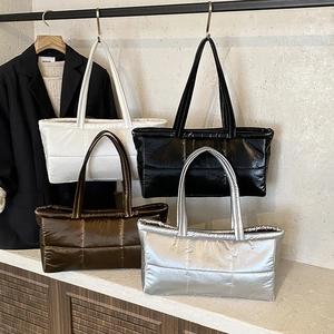 Chic quilted puffer tote bags in white, black, coffee, and silver metallic finishes