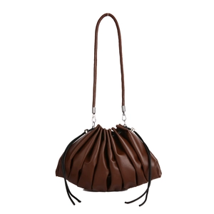 Retro dark brown pleated bucket bag with drawstring closure and slim shoulder strap