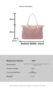 Detailed size chart for pink quilted nylon tote bag with 50cm width and 0.3kg weight
