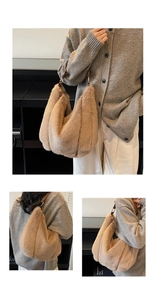 Detailed views of a fluffy faux fur tote bag in khaki with brown leather straps