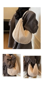 Detailed close-up of fuzzy cream tote bag showing soft plush texture and leather strap