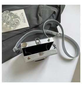 Detail of silver camera-shaped box bag with interior view and adjustable leather strap