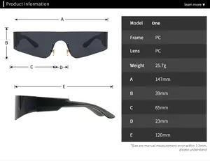 Detaillierte Größentabelle für randlose Shield-Sonnenbrille mit PC-Rahmen und Maßen